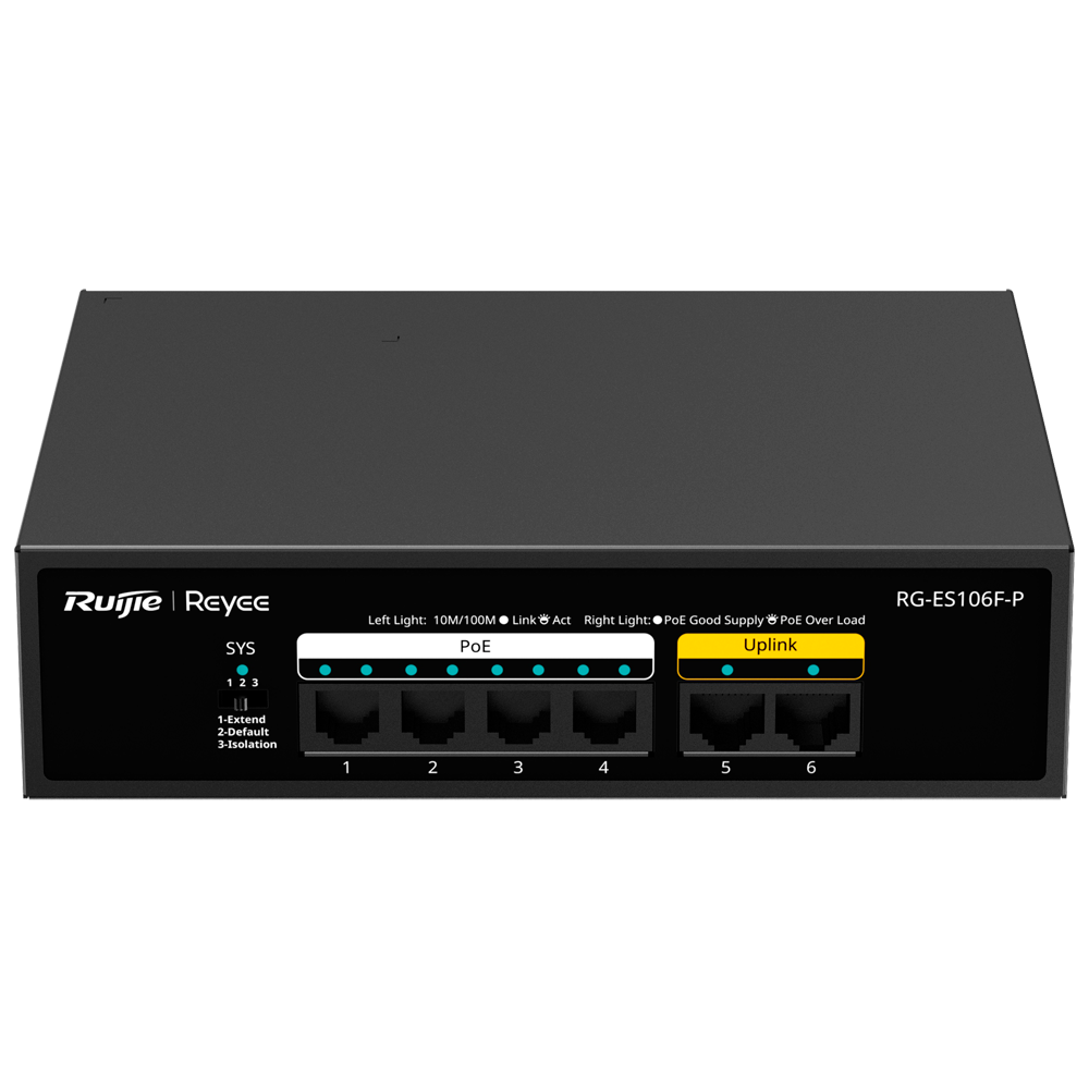 Switch PoE 6 Porte Reyee 10/100 Mbps con 4 Porte PoE+ Plug & Play (ES106F-P)