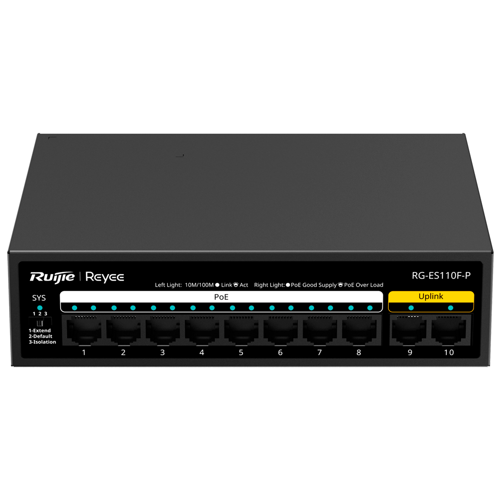 Switch PoE 10 Porte Reyee 10/100 Mbps con 8 Porte PoE+ Plug & Play (ES110F-P)
